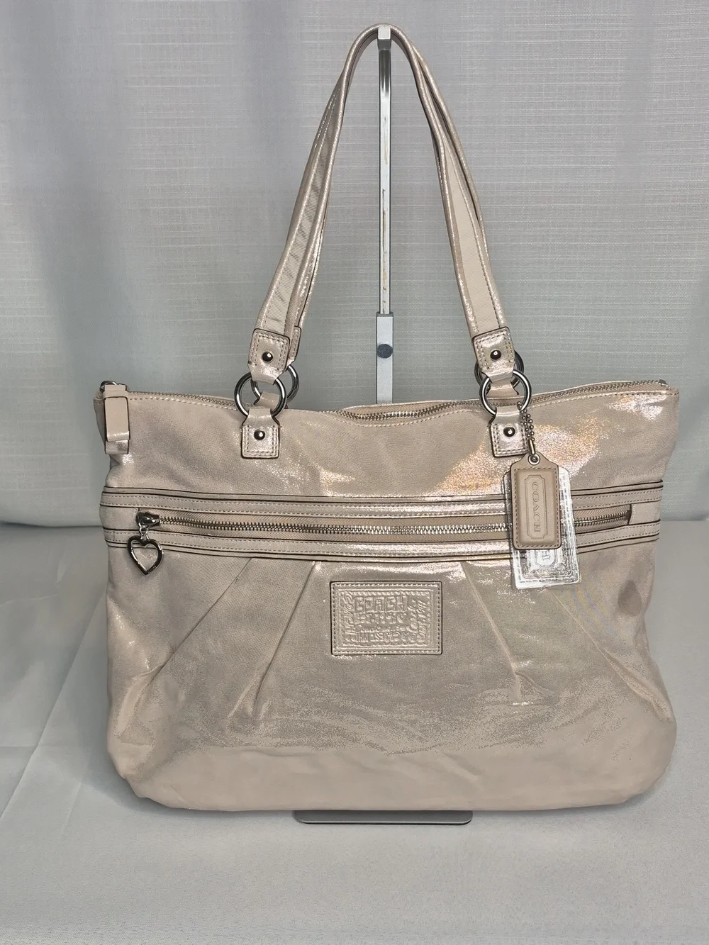 Coach Poppy Shimmery Champagne Tote Bag with Heart Charm (NWT)